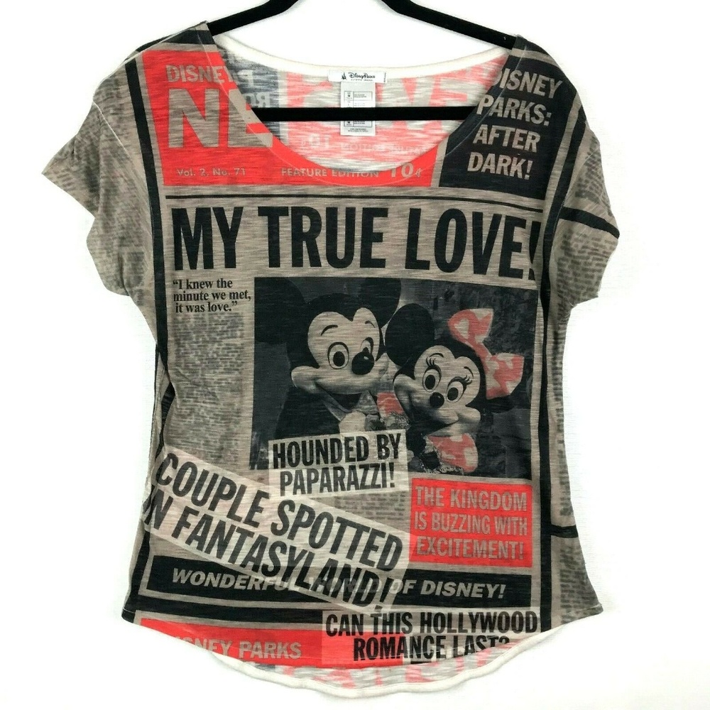 Disney Parks Mickey Minnie Newspaper Print T Shirt
